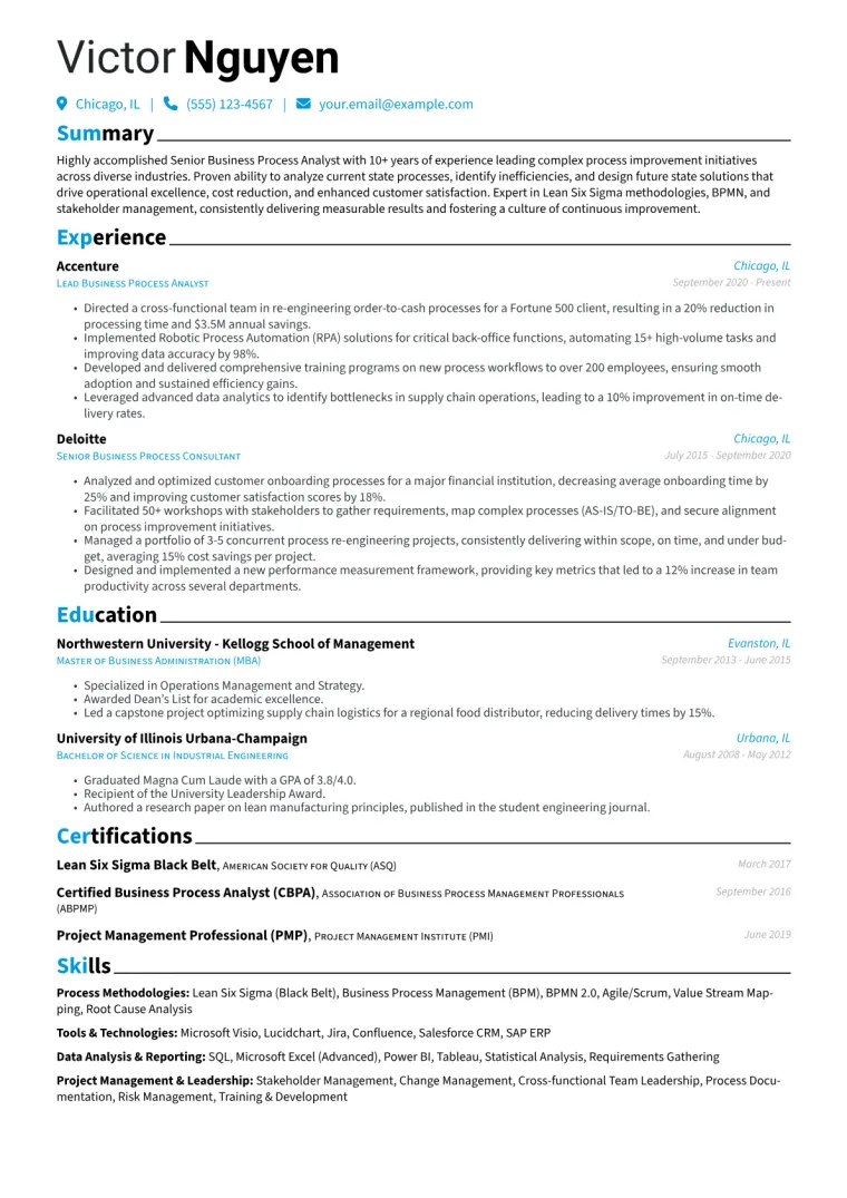 Senior Business Process Analyst Resume Example CV template preview