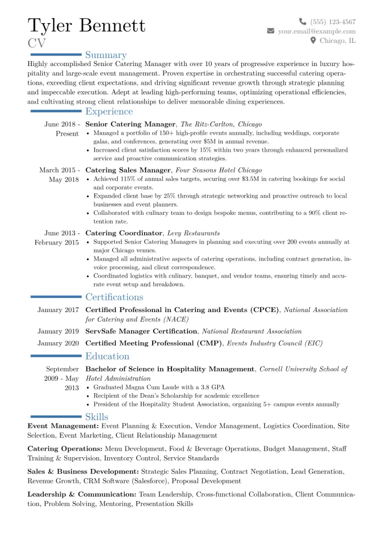 Senior Catering Manager Resume Example CV template preview