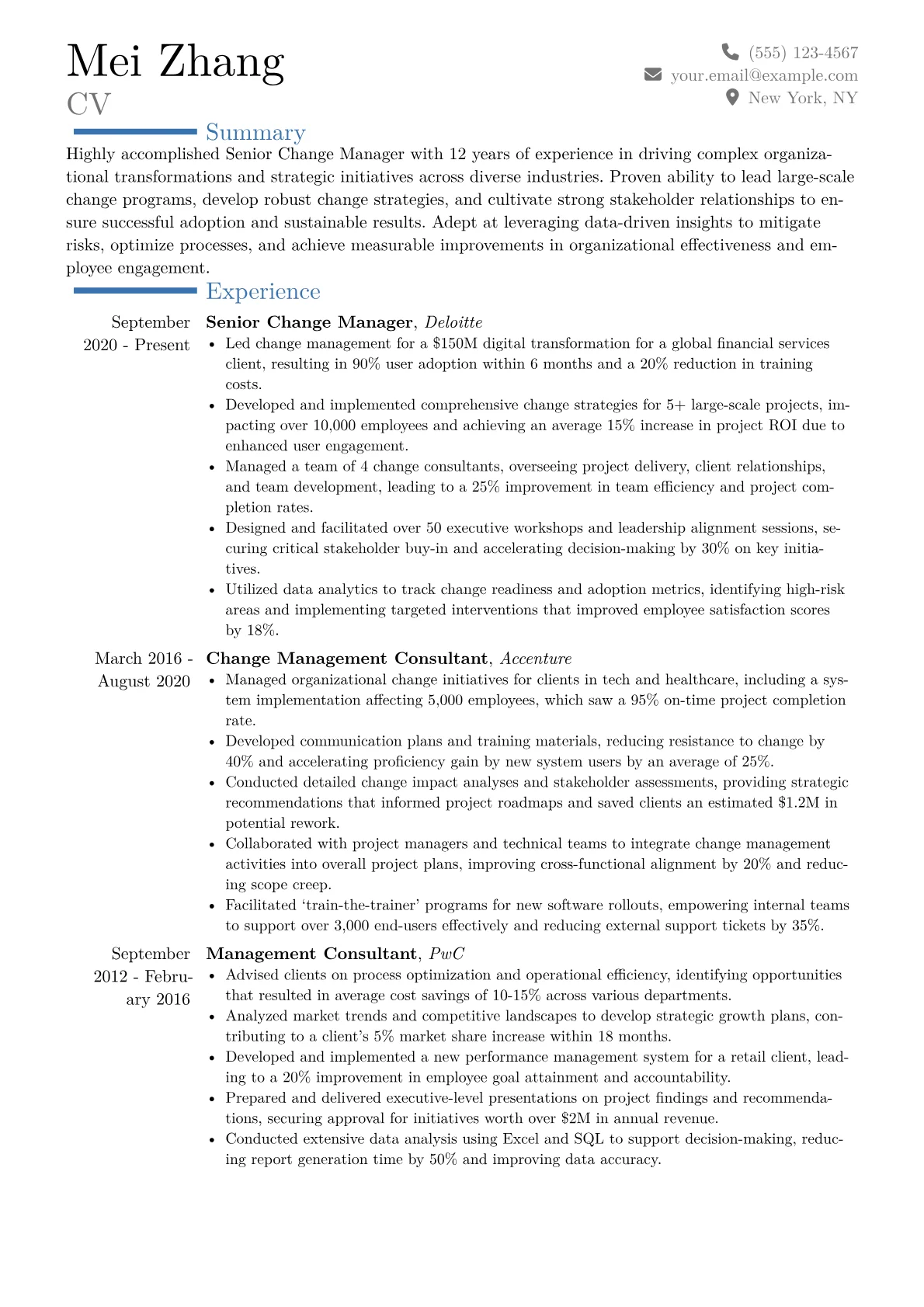 Senior Change Manager Resume Example CV template - Page 1