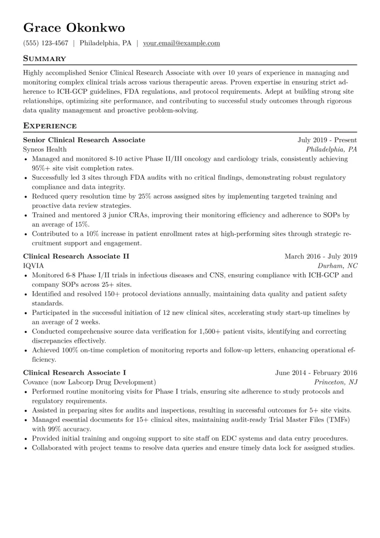 Senior Clinical Research Associate Resume Example CV template preview