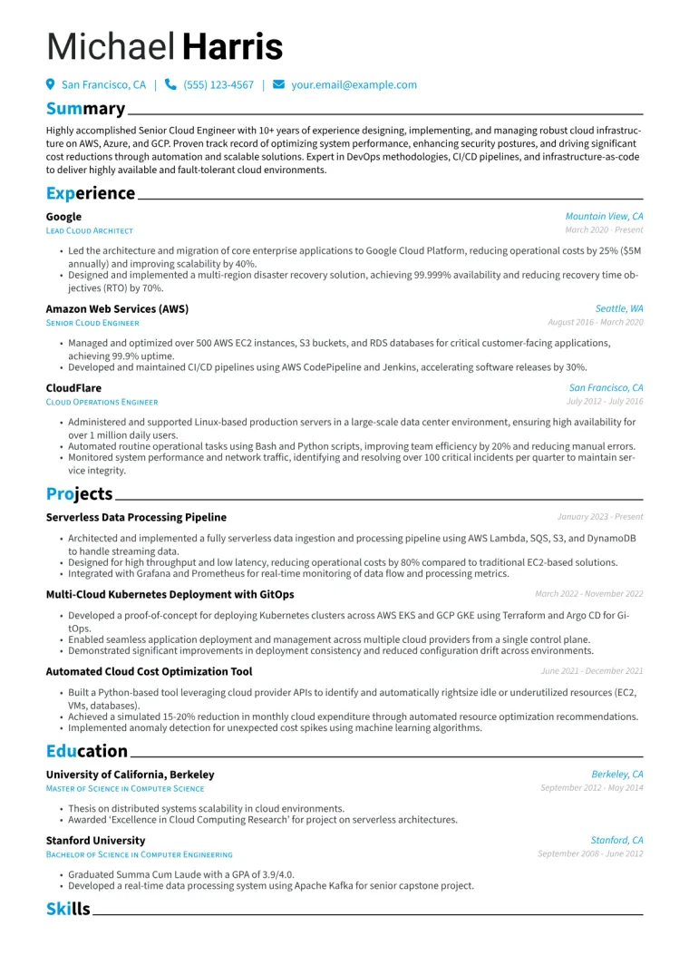 Senior Cloud Engineer Resume Example CV template preview