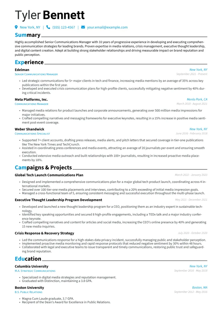 Senior Communications Manager Resume Example CV template preview