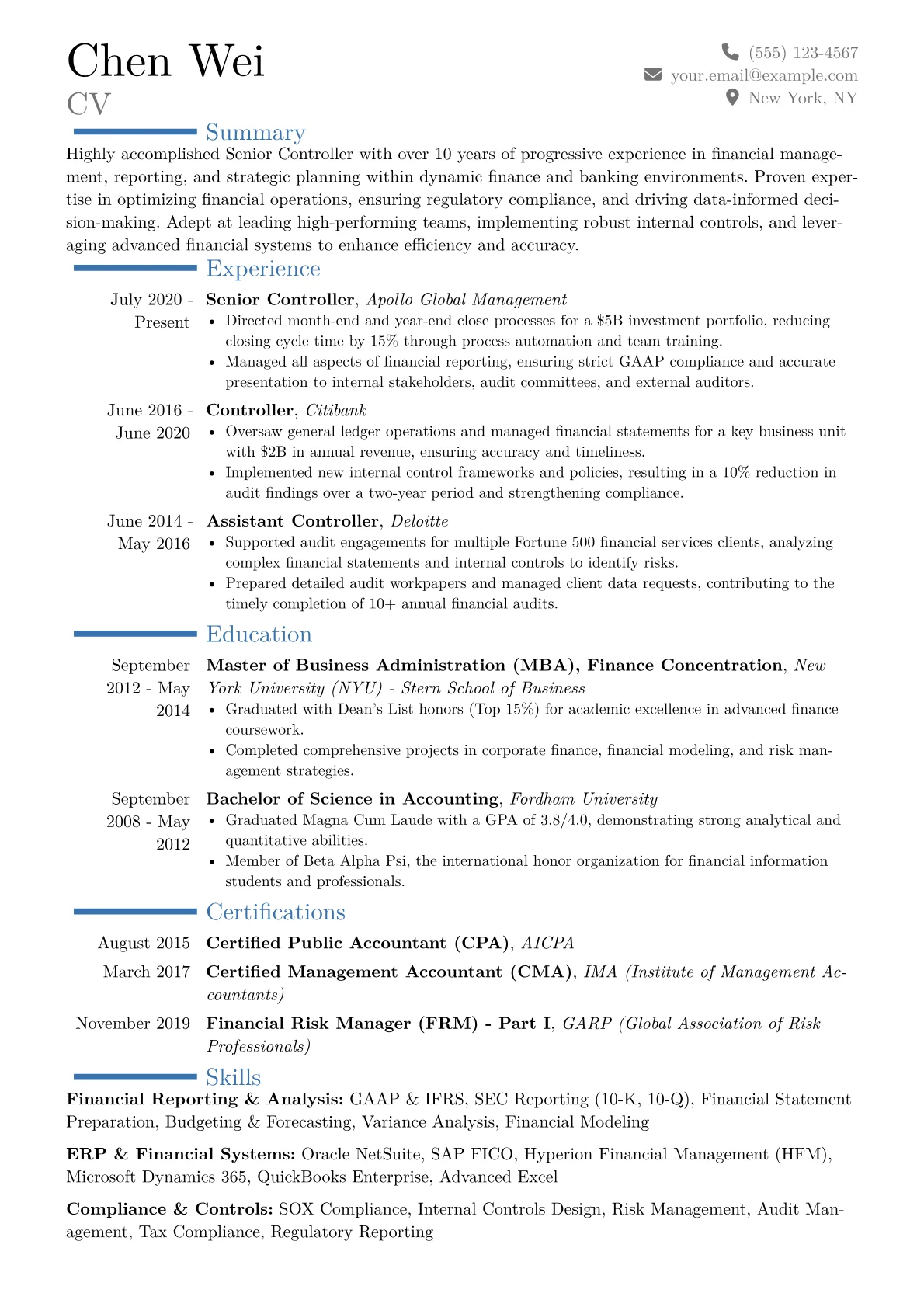 Senior Controller Resume Example CV template - Page 1