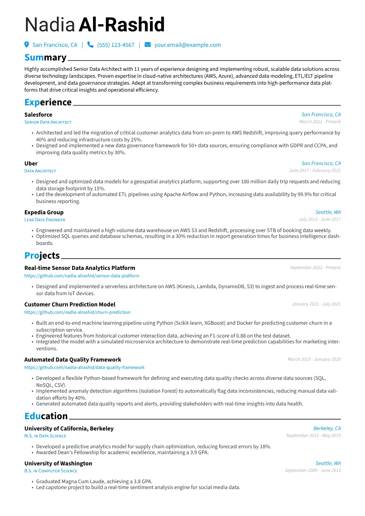 Senior Data Architect Resume Example CV template - Page 1