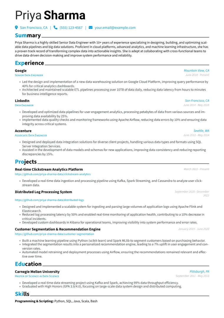 Senior Data Engineer Resume Example CV template preview