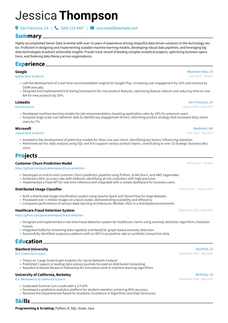 Senior Data Scientist Resume Example CV template preview