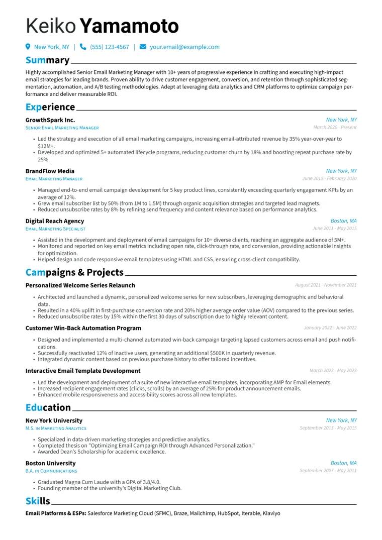 Senior Email Marketing Manager Resume Example CV template preview