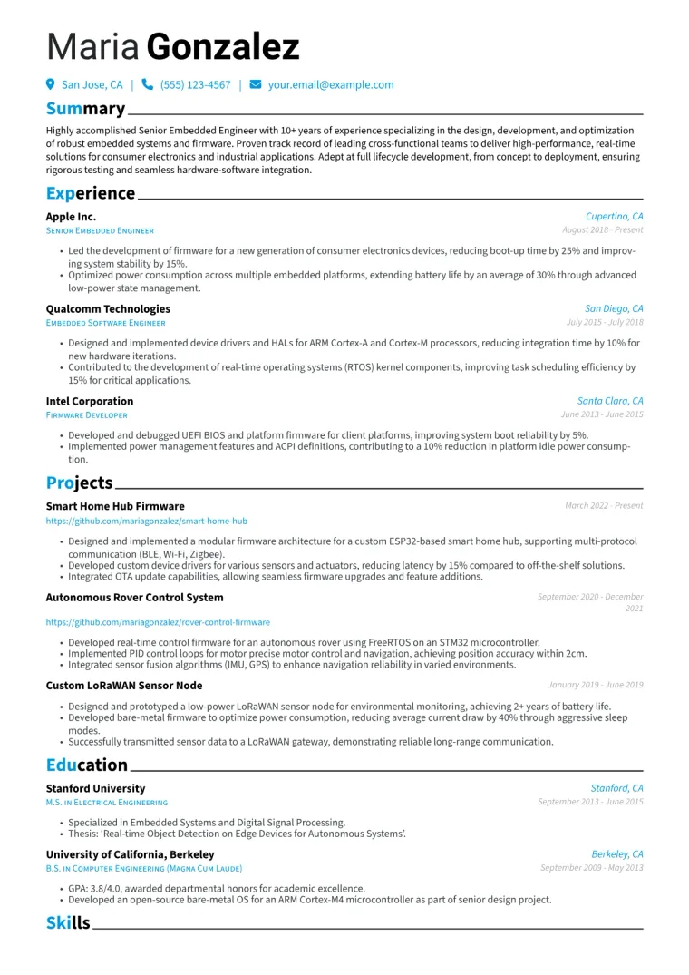 Senior Embedded Engineer Resume Example CV template preview