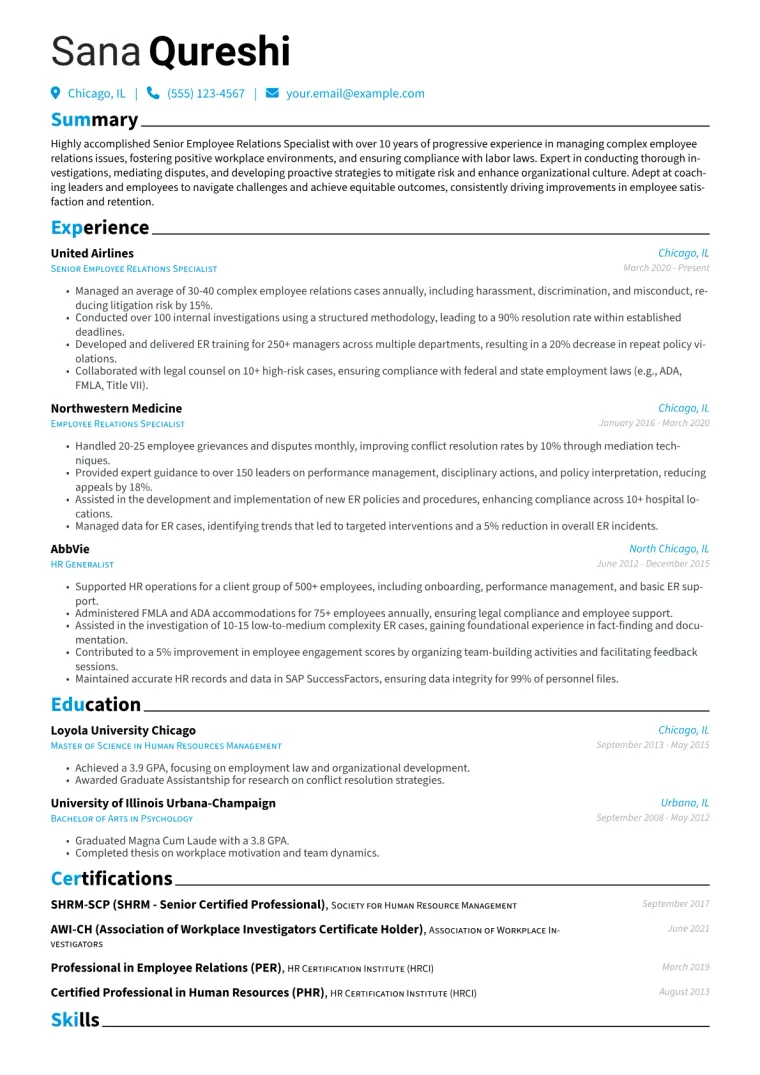 Senior Employee Relations Specialist Resume Example CV template preview