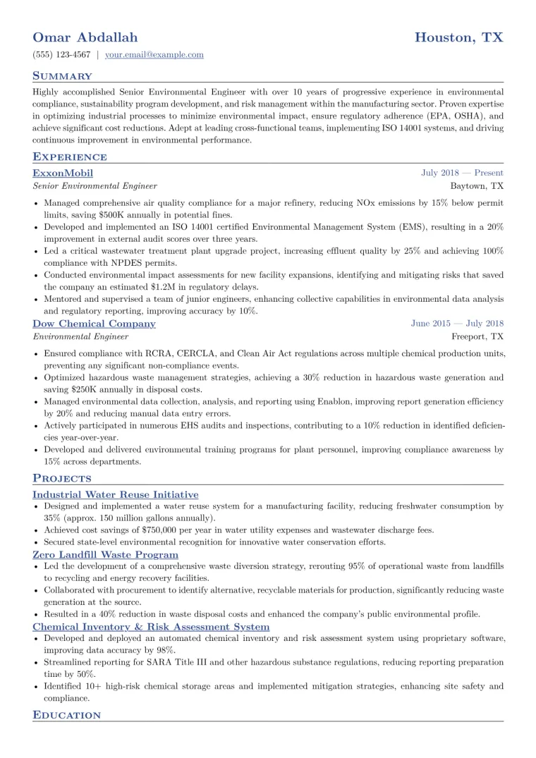 Senior Environmental Engineer Resume Example CV template preview