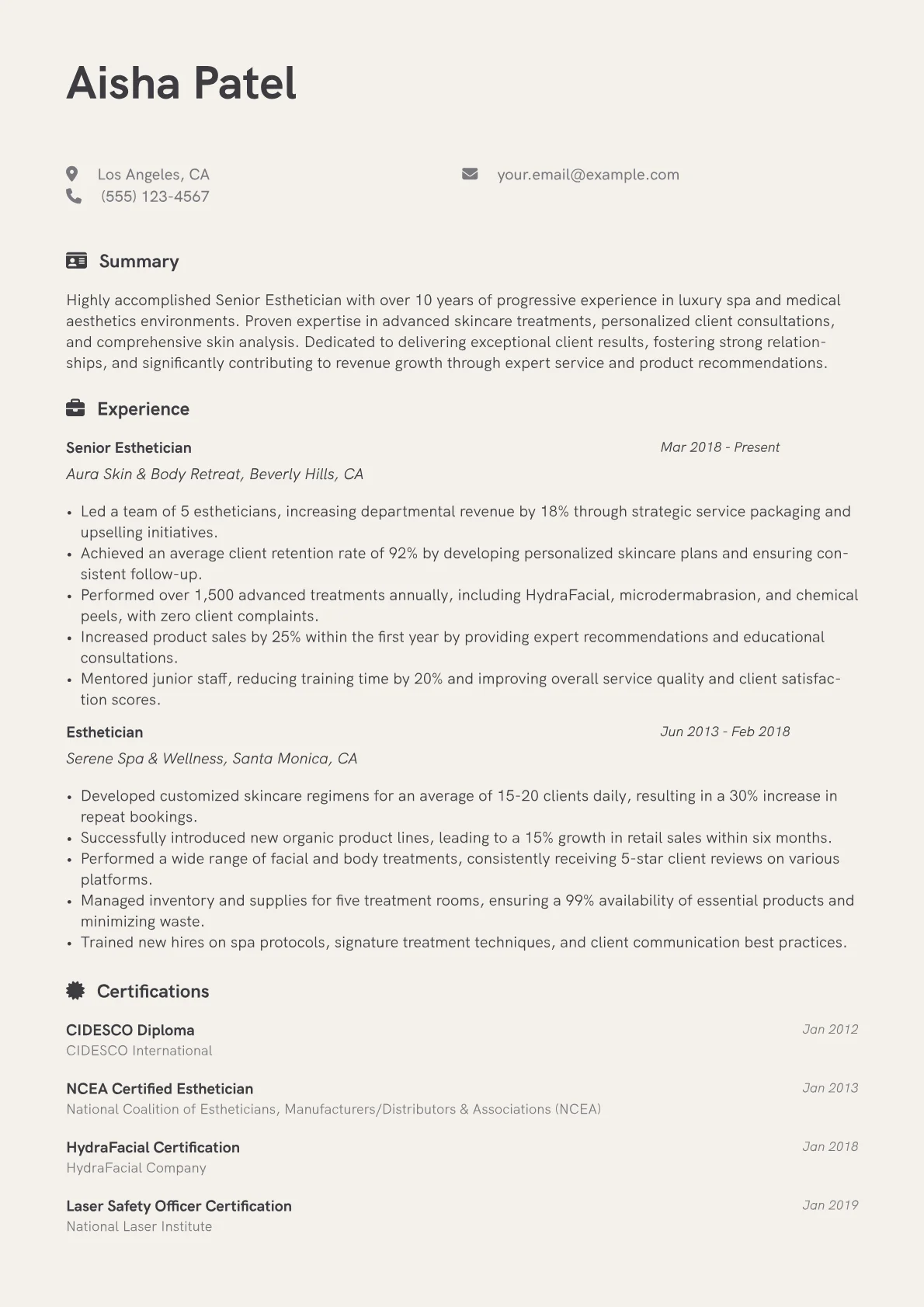 Senior Esthetician Resume Example CV template - Page 1