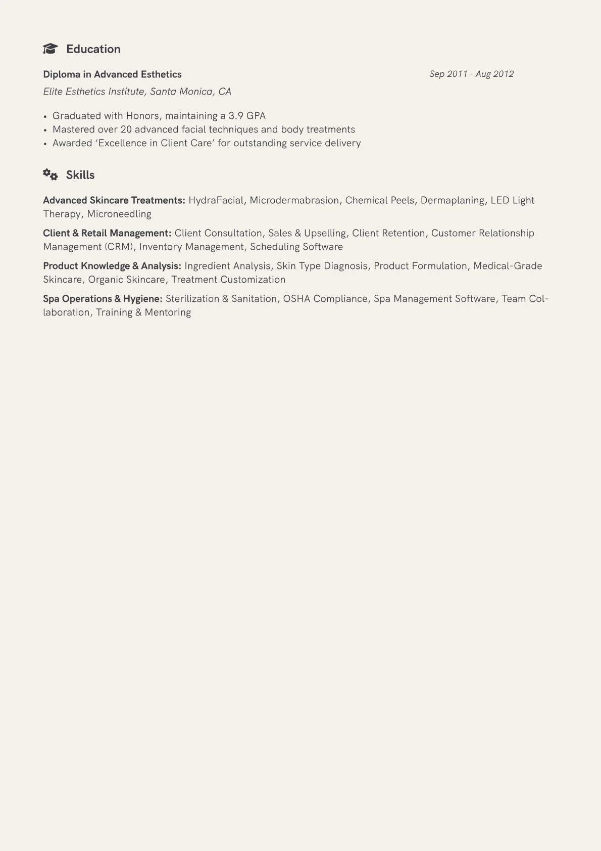 Senior Esthetician Resume Example CV template - Page 2