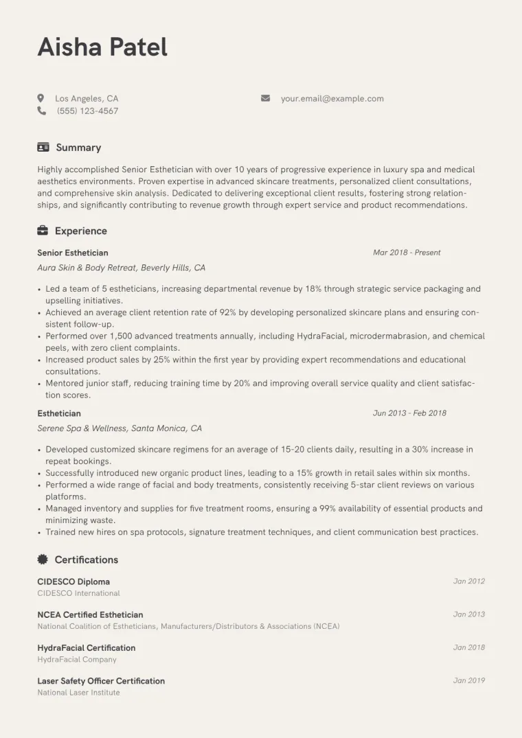 Senior Esthetician Resume Example CV template preview