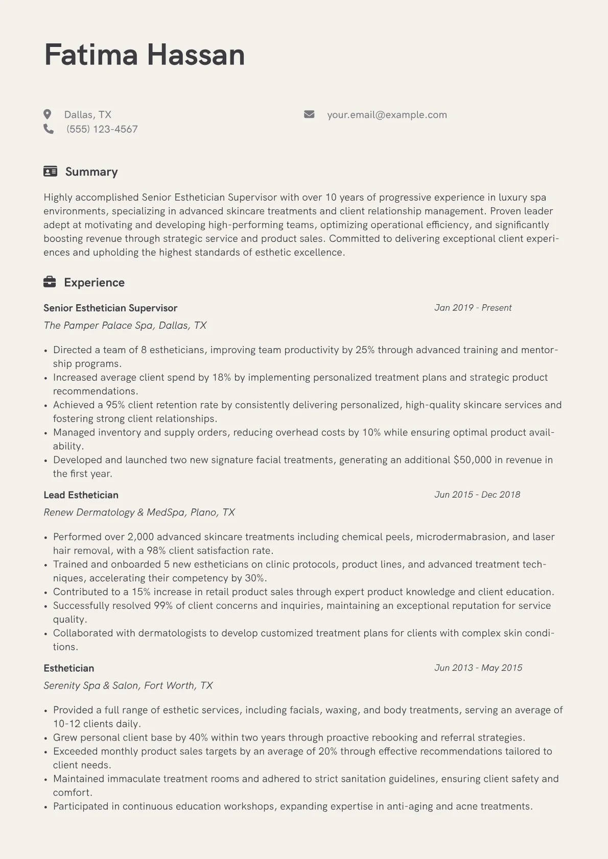 Senior Esthetician Supervisor Resume Example CV template - Page 1