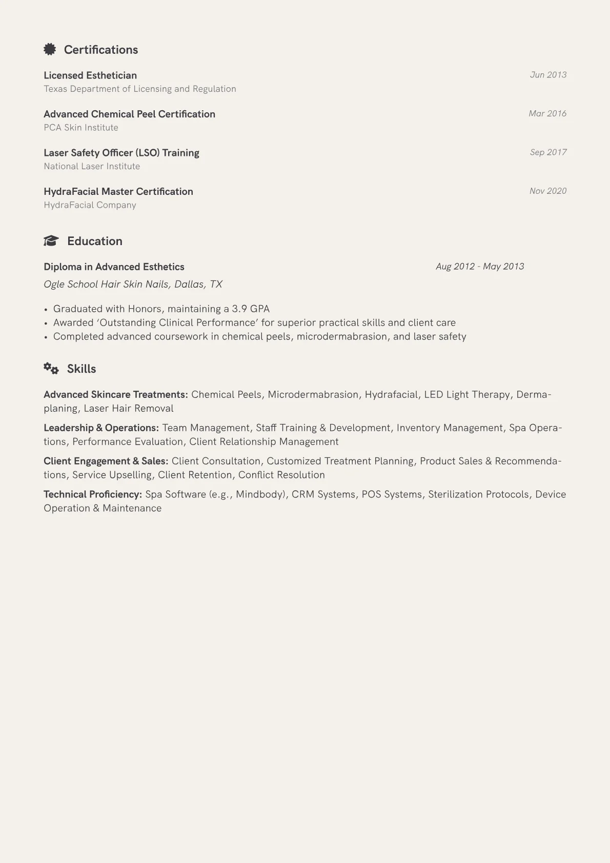 Senior Esthetician Supervisor Resume Example CV template - Page 2