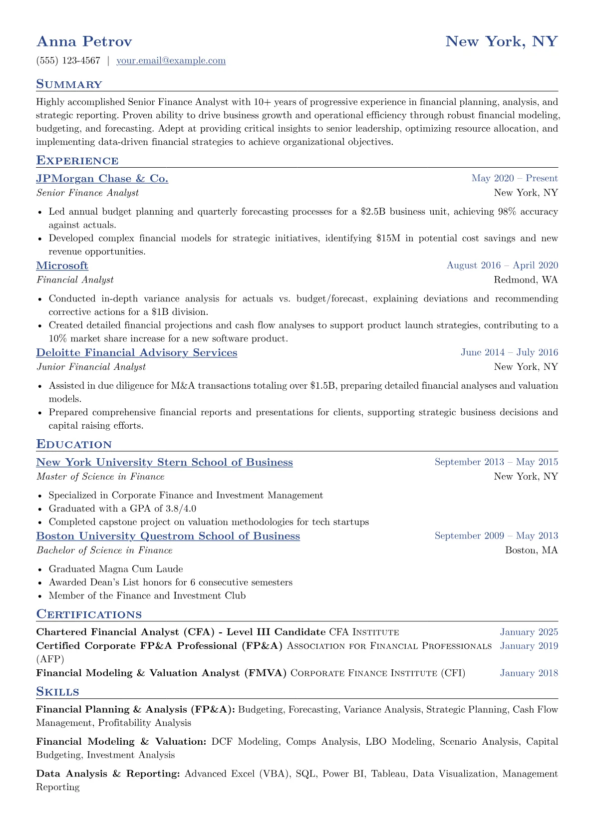 Senior Finance Analyst Resume Example CV template - Page 1