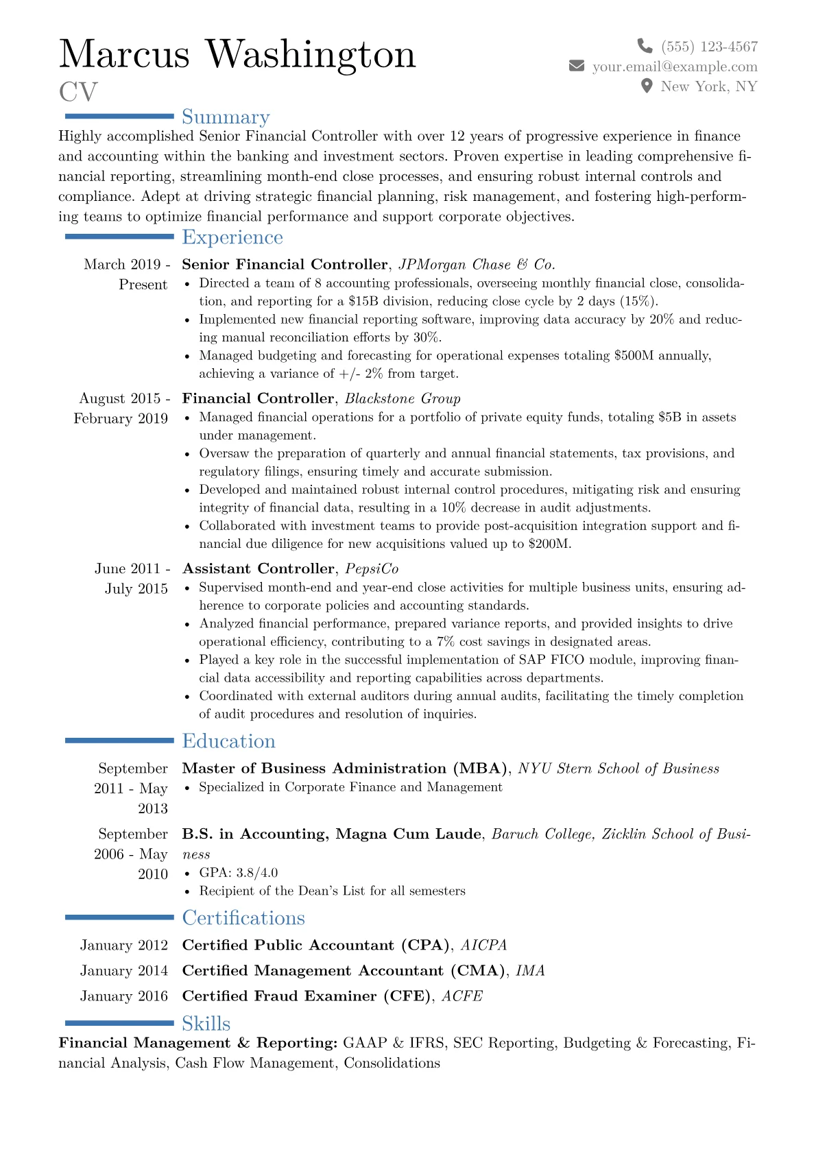 Senior Financial Controller Resume Example CV template - Page 1
