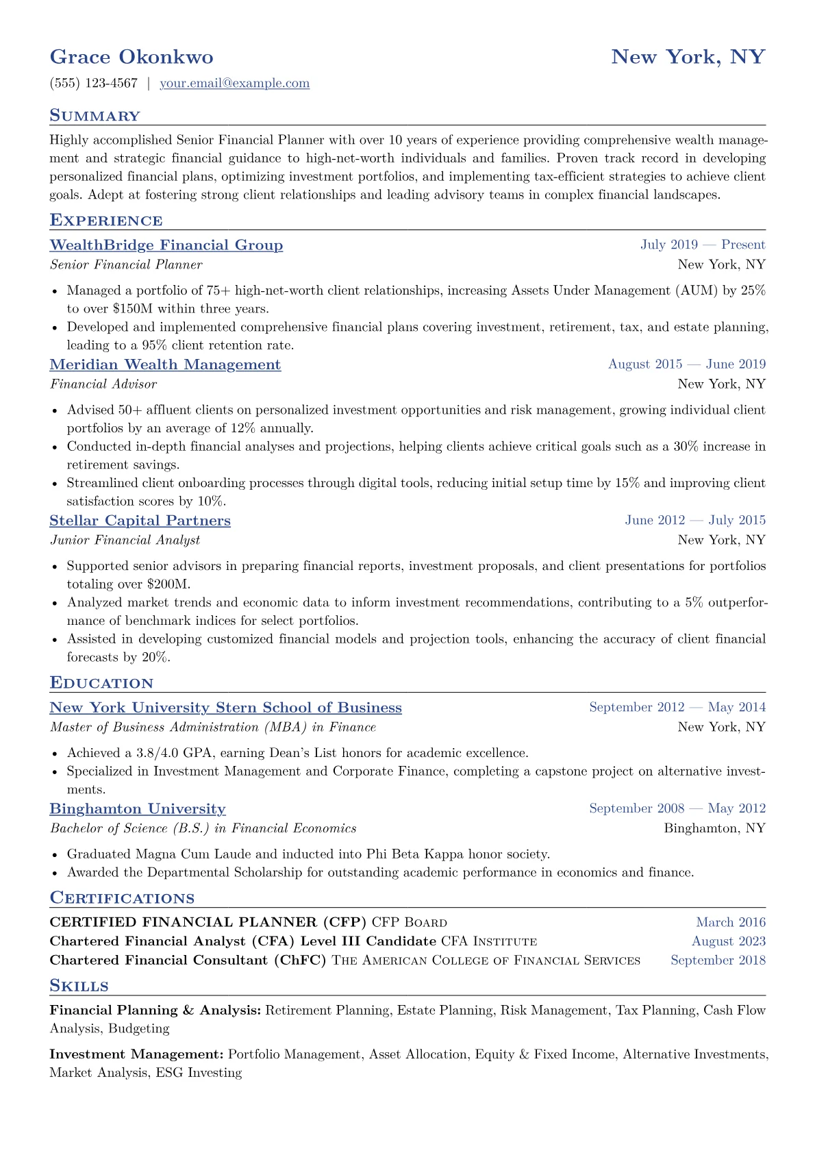 Senior Financial Planner Resume Example CV template - Page 1