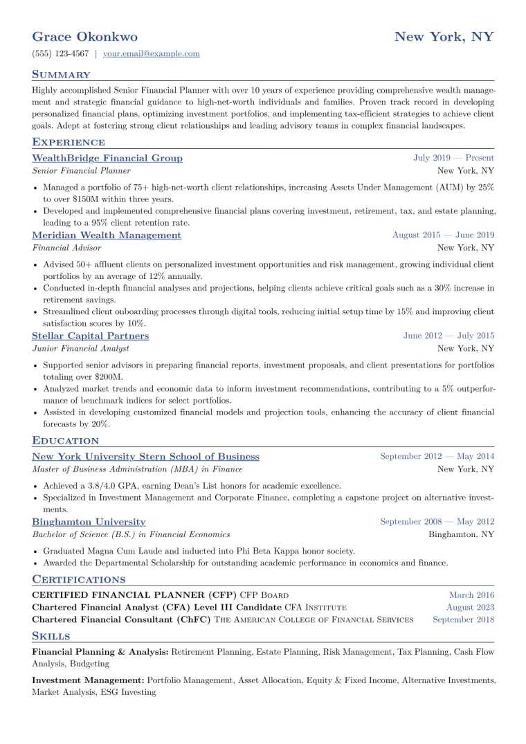 Senior Financial Planner Resume Example CV template preview
