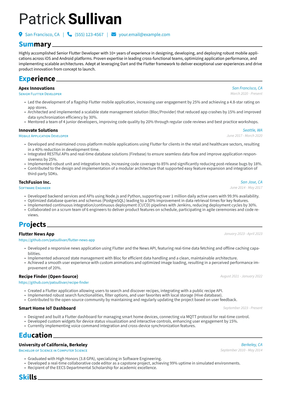 Senior Flutter Developer Resume Example CV template - Page 1