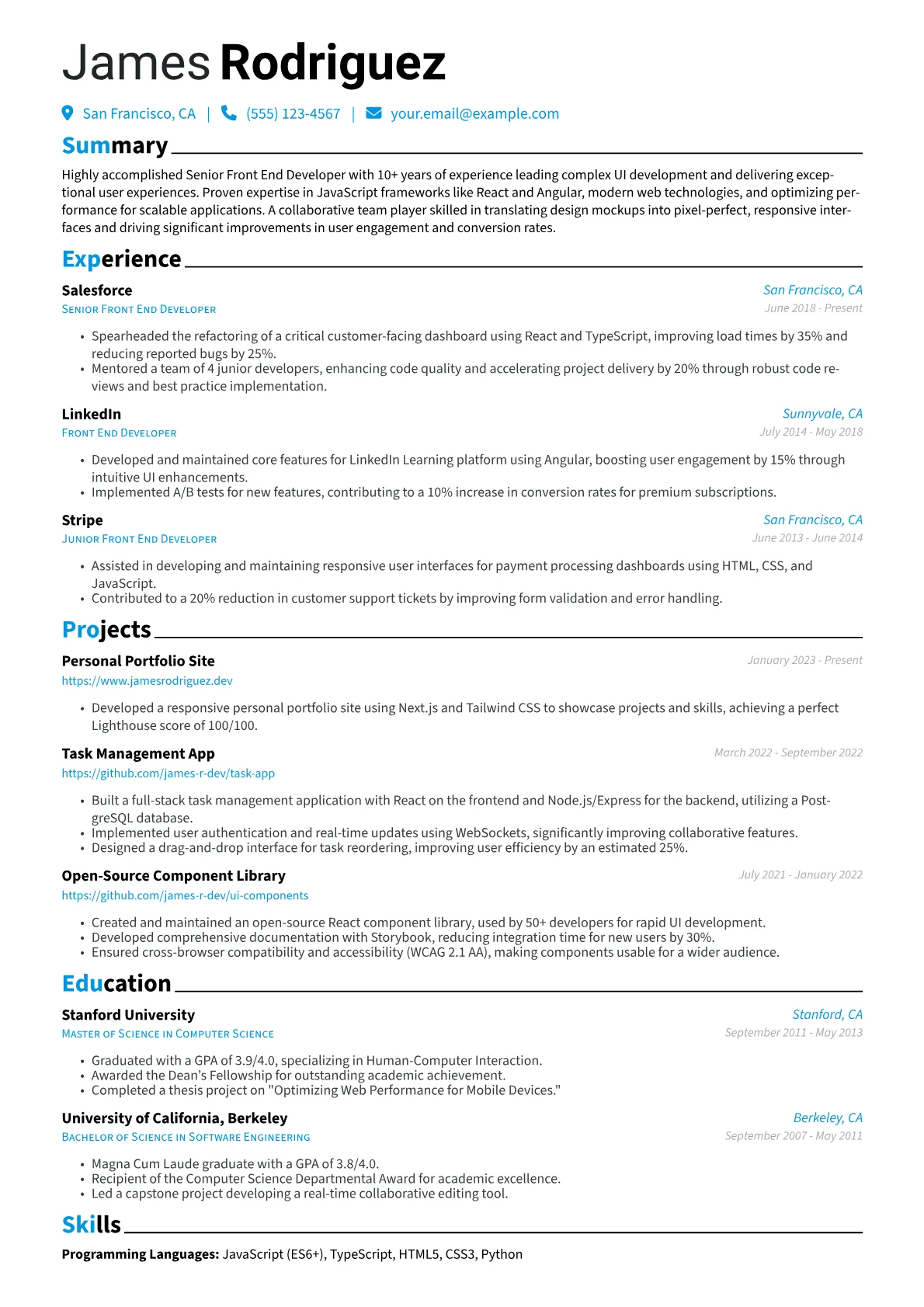 Senior Front End Developer Resume Example CV template - Page 1