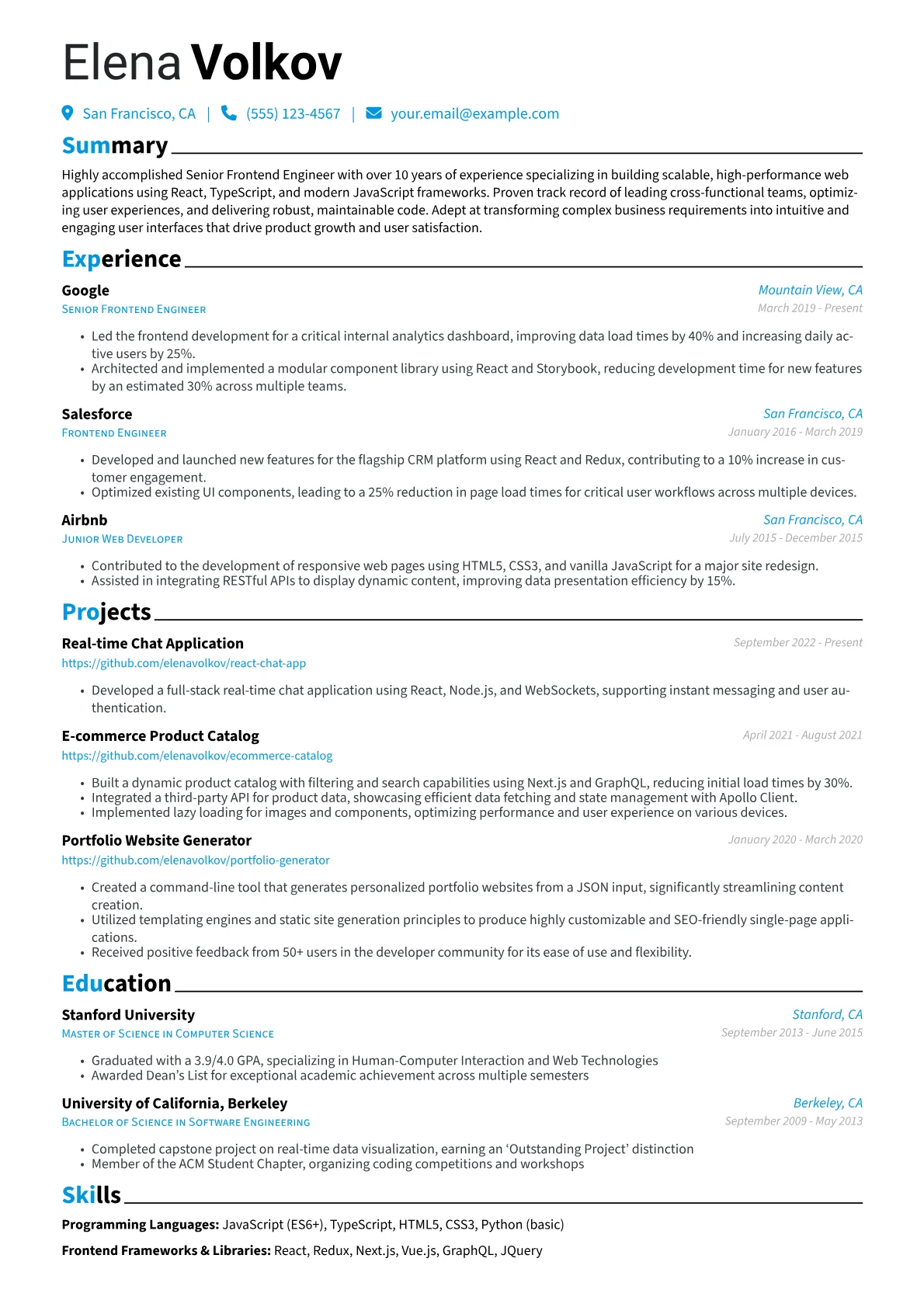 Senior Frontend Engineer Resume Example CV template - Page 1