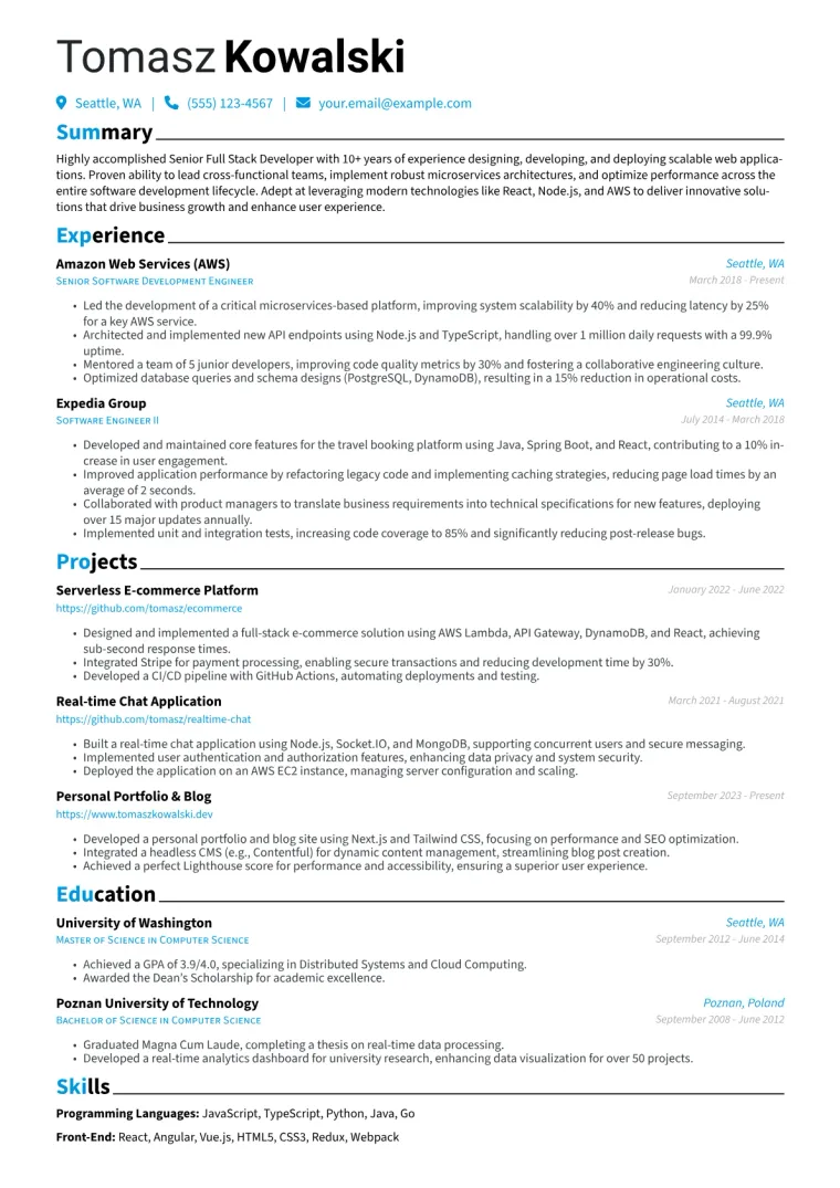 Senior Full Stack Developer Resume Example CV template preview