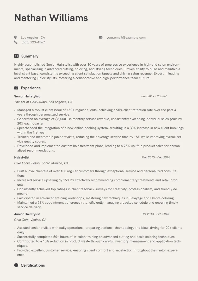 Senior Hairstylist Resume Example CV template preview