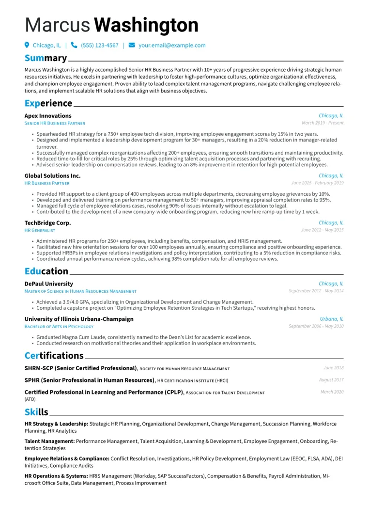 Senior HR Business Partner Resume Example CV template preview
