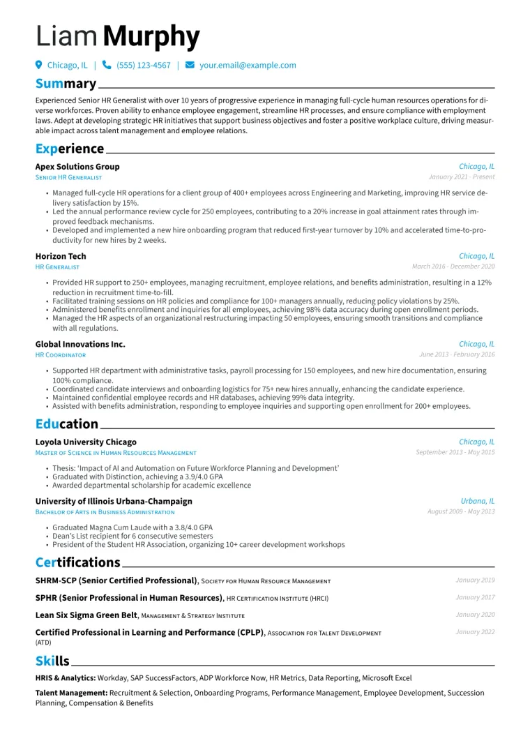 Senior HR Generalist Resume Example CV template preview