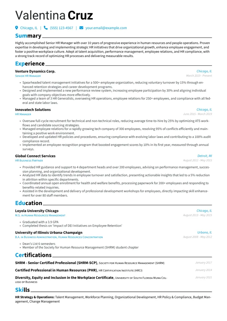 Senior HR Manager Resume Example CV template preview