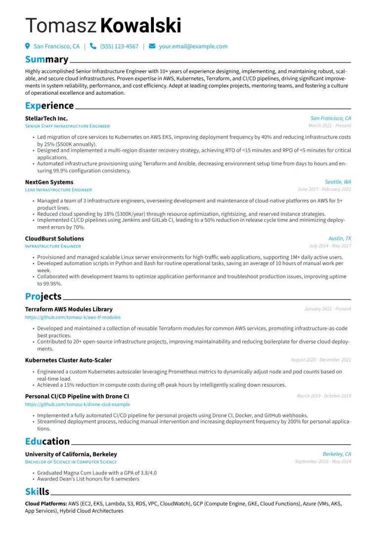 Senior Infrastructure Engineer Resume Example CV template preview