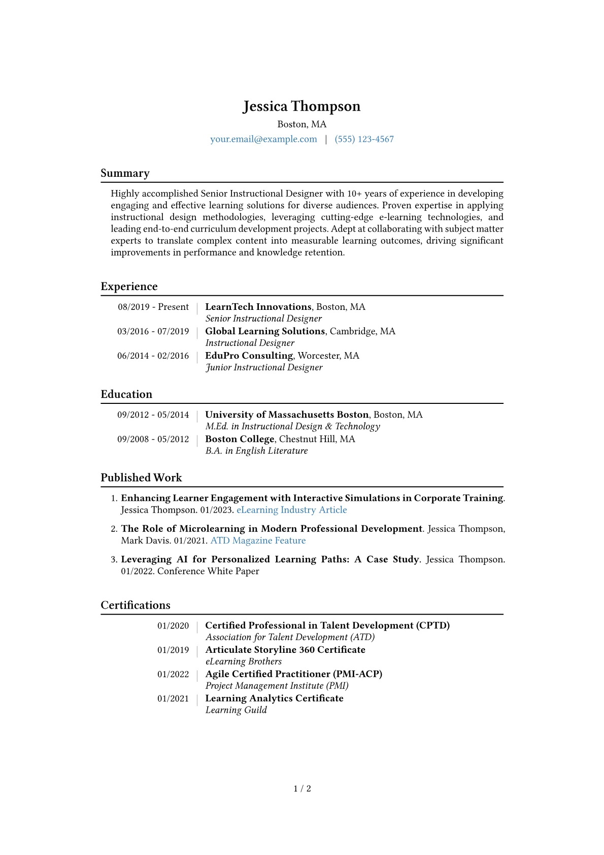 Senior Instructional Designer Resume Example CV template - Page 1