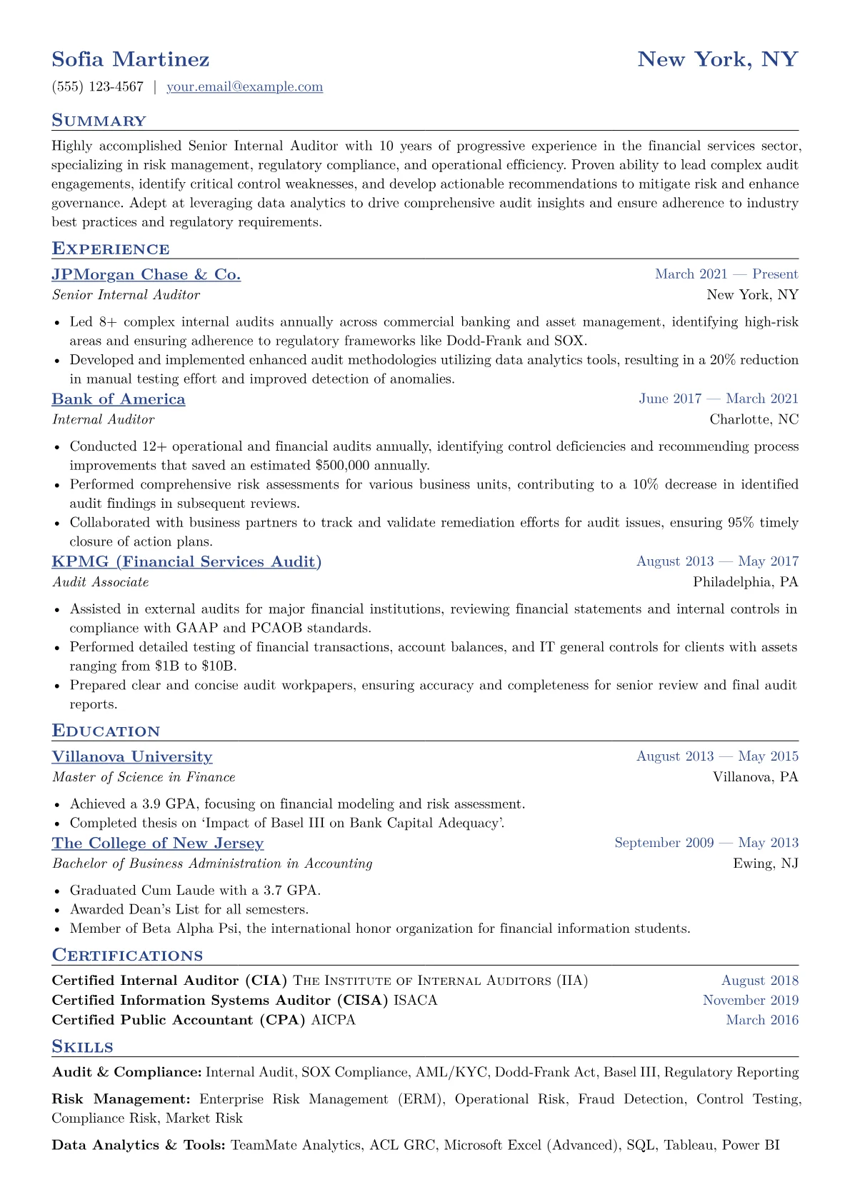 Senior Internal Auditor Resume Example CV template - Page 1