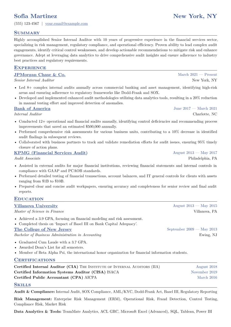 Senior Internal Auditor Resume Example CV template preview