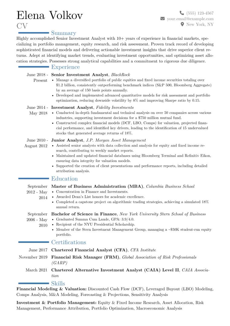 Senior Investment Analyst Resume Example CV template preview