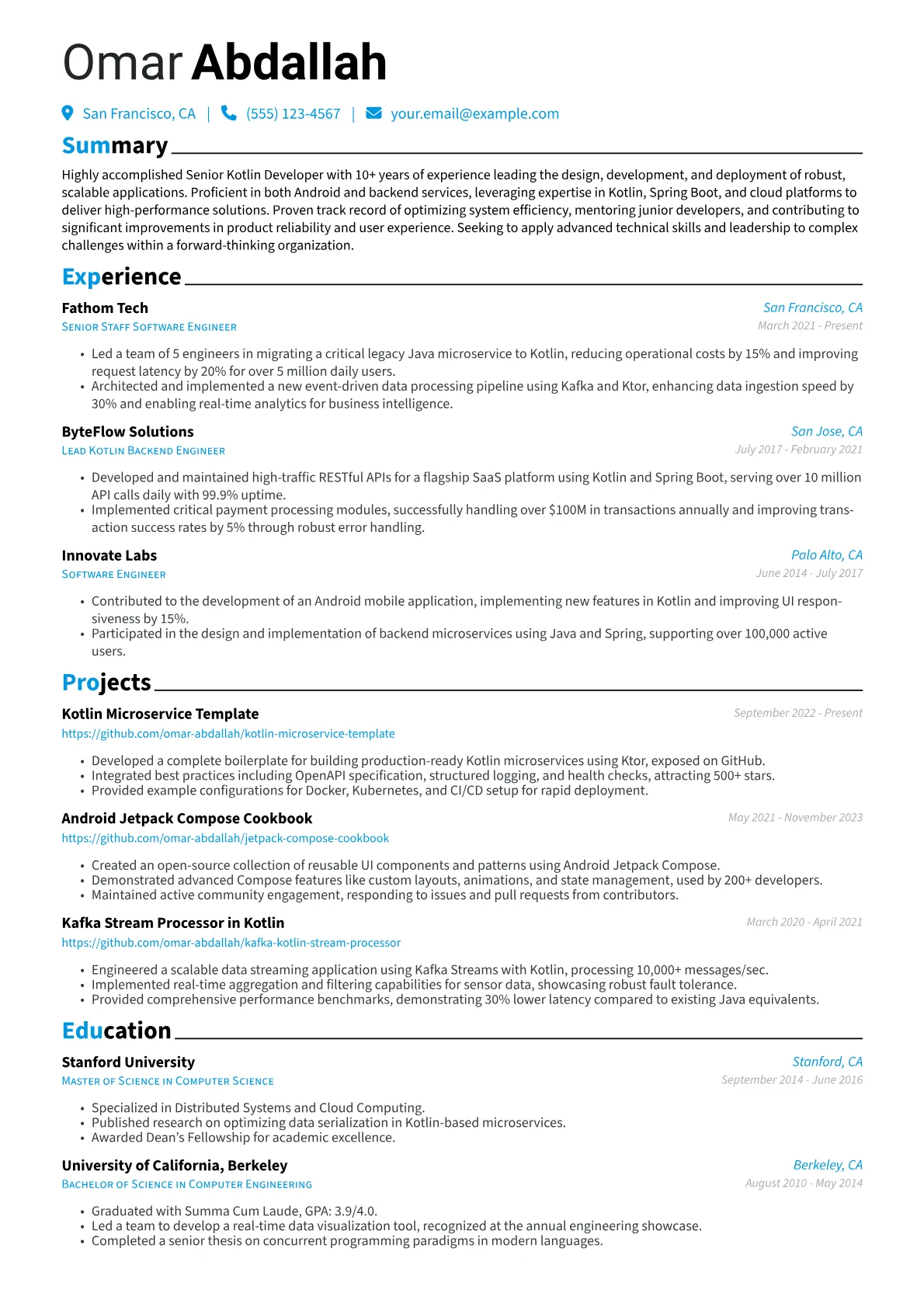 Senior Kotlin Developer Resume Example CV template - Page 1