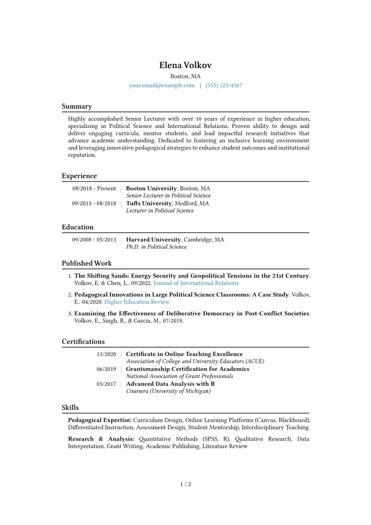 Senior Lecturer Resume Example CV template preview