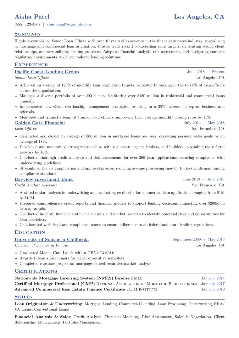Senior Loan Officer Resume Example CV template preview