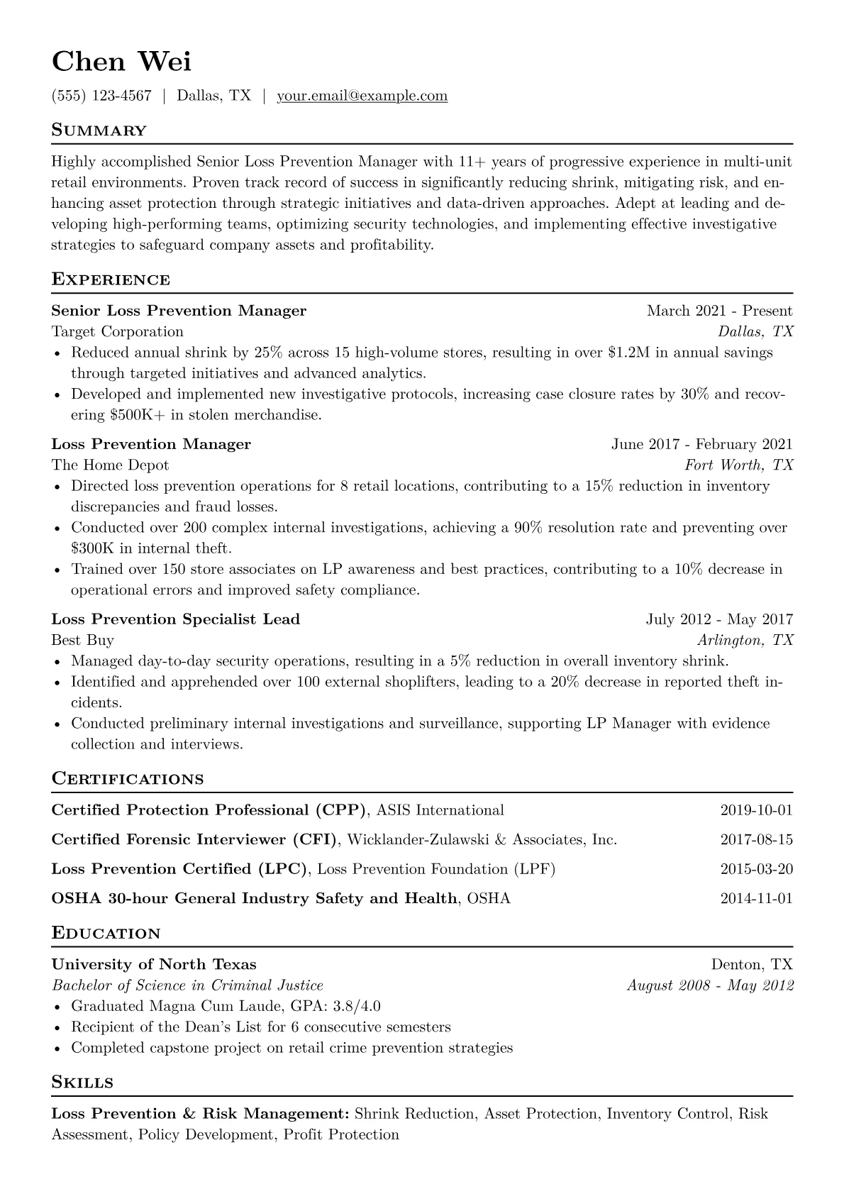 Senior Loss Prevention Manager Resume Example CV template - Page 1