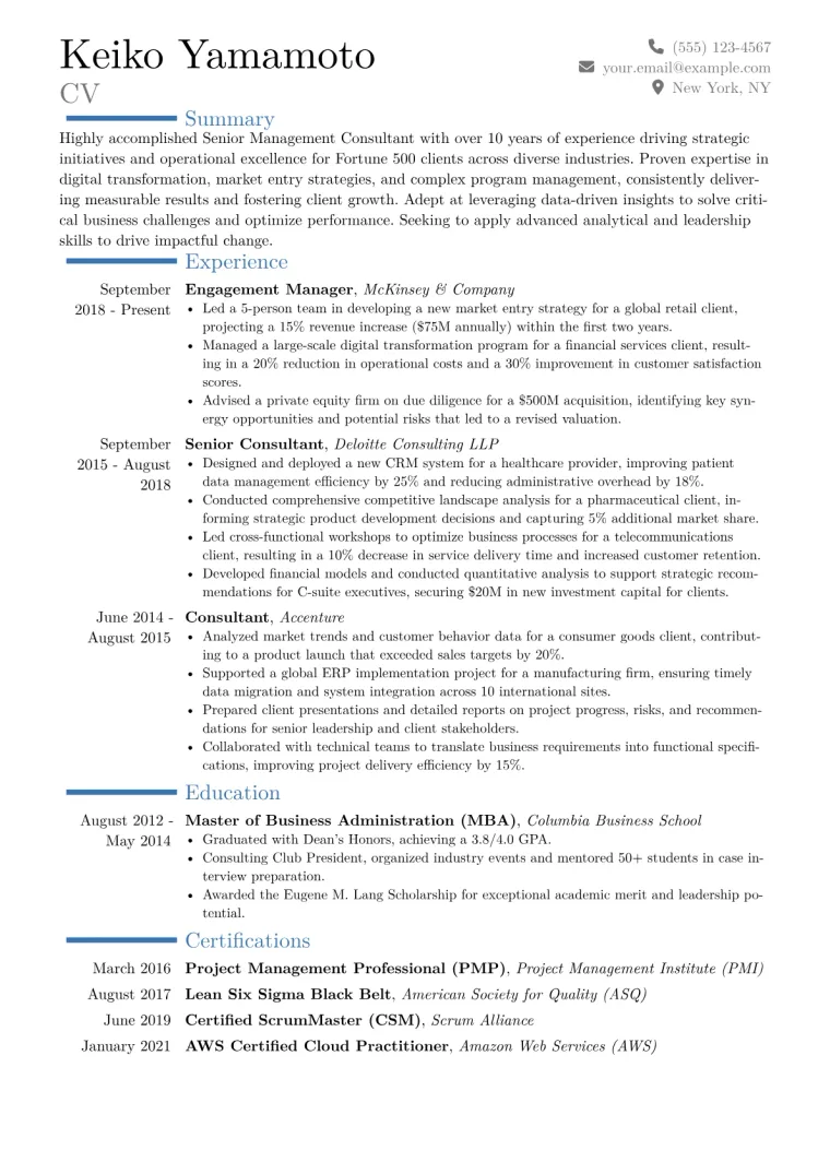 Senior Management Consultant Resume Example CV template preview