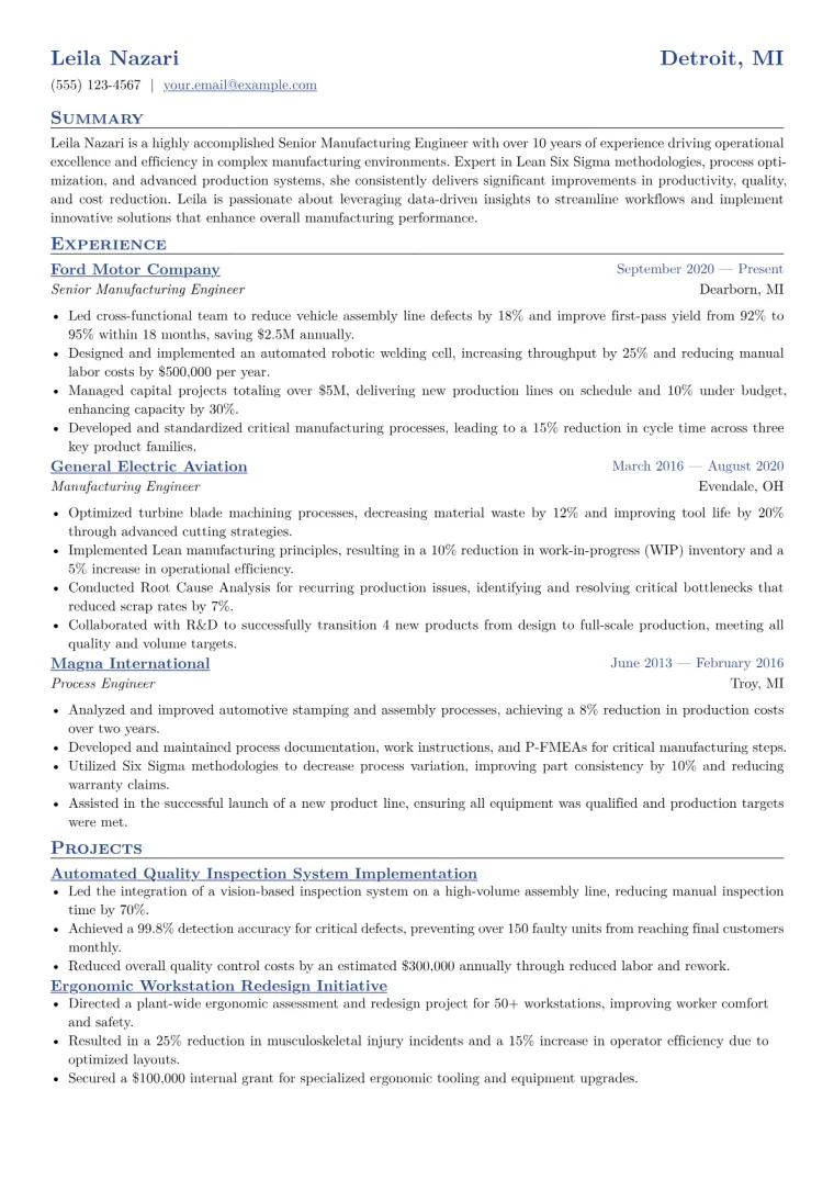 Senior Manufacturing Engineer Resume Example CV template preview