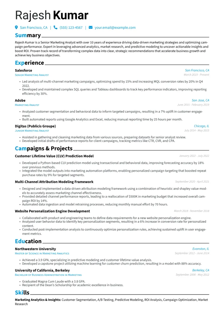 Senior Marketing Analyst Resume Example CV template preview