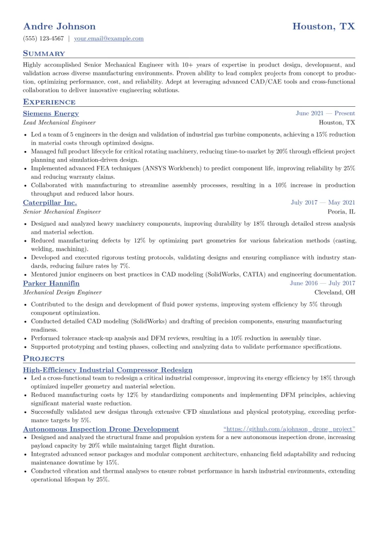 Senior Mechanical Engineer Resume Example CV template preview