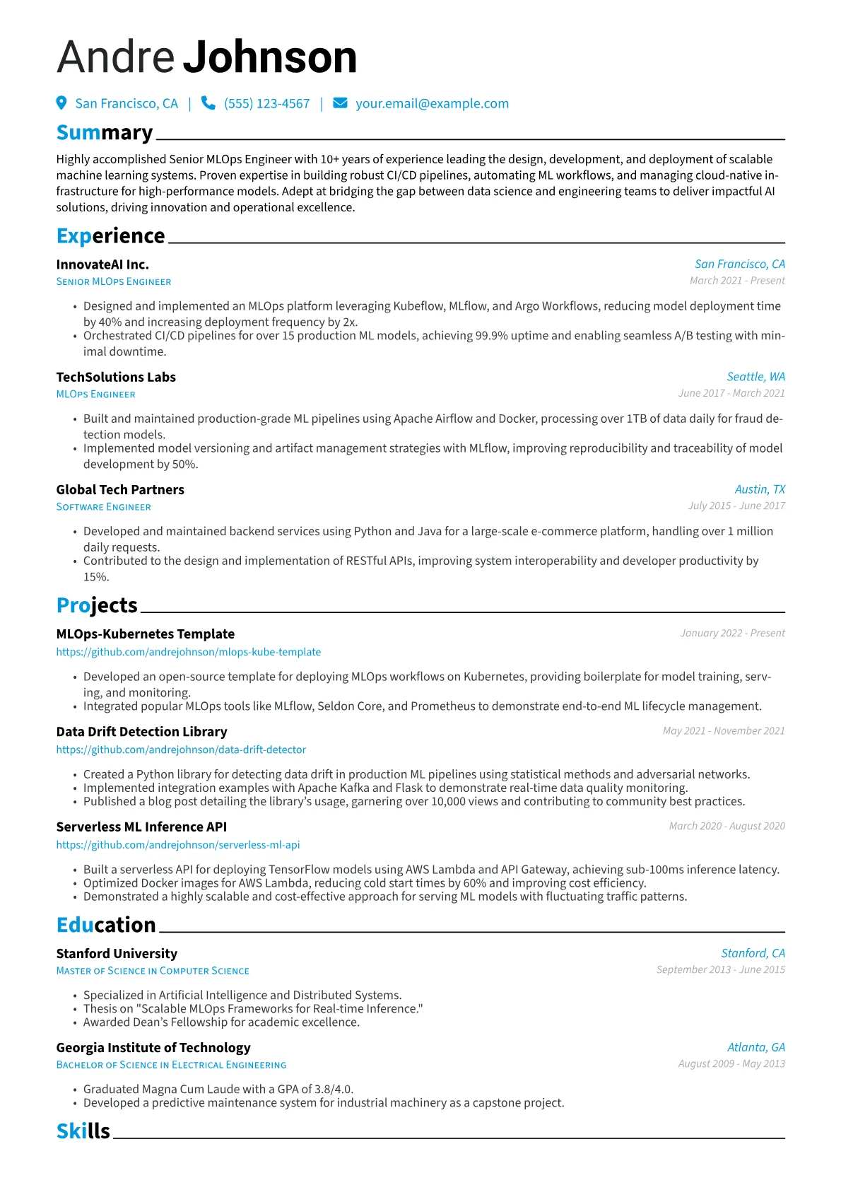 Senior MLOps Engineer Resume Example CV template - Page 1