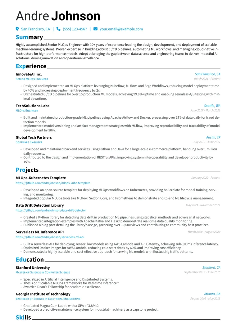 Senior MLOps Engineer Resume Example CV template preview
