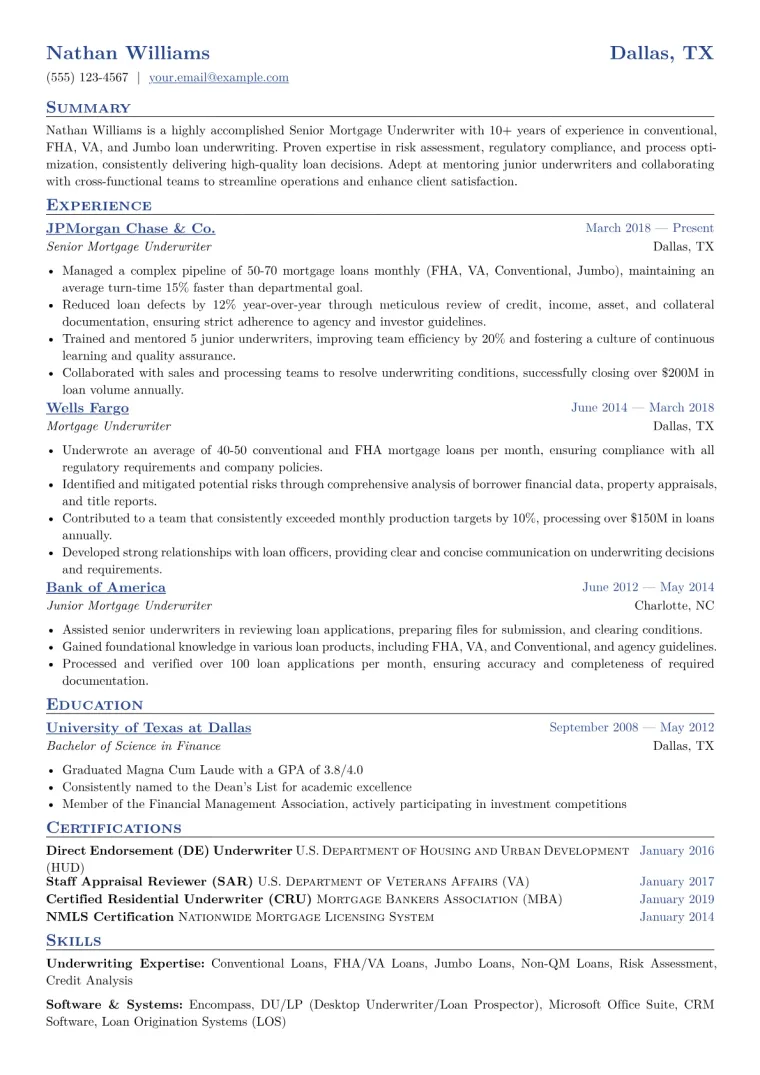Senior Mortgage Underwriter Resume Example CV template preview