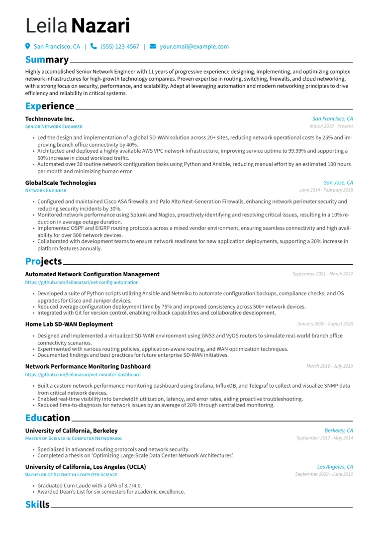 Senior Network Engineer Resume Example CV template preview