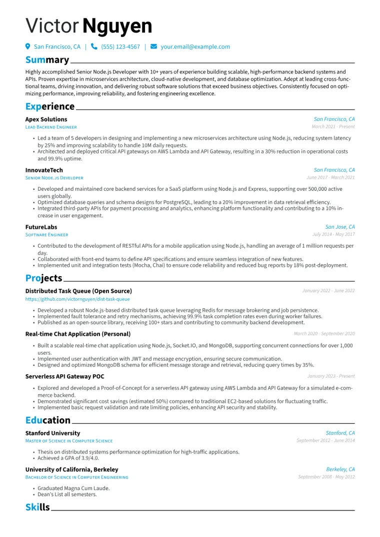 Senior Node.js Developer Resume Example CV template preview