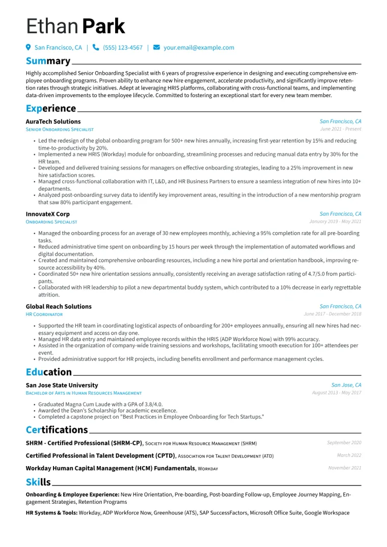 Senior Onboarding Specialist Resume Example CV template preview